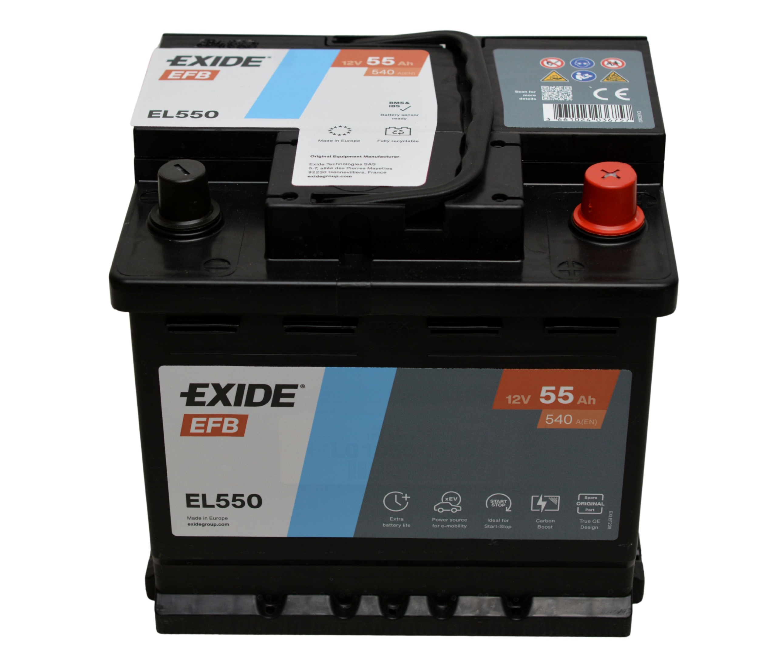 Exide EL550 EFB Start-Stop batteri 12V 55Ah 540A P+ 000915105FA 17369701226 gallery 2